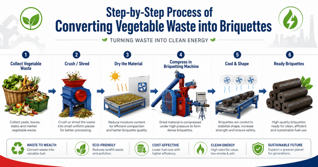Step-by-Step Process of Converting Vegetable Waste into Briquettes